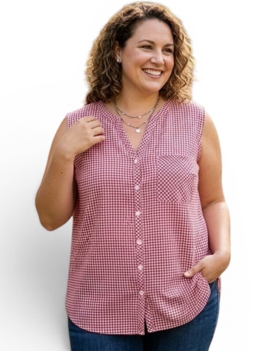 Faded Glory Red Gingham Sleeveless Button Down Blouse Plus Size 2X 18W-20W